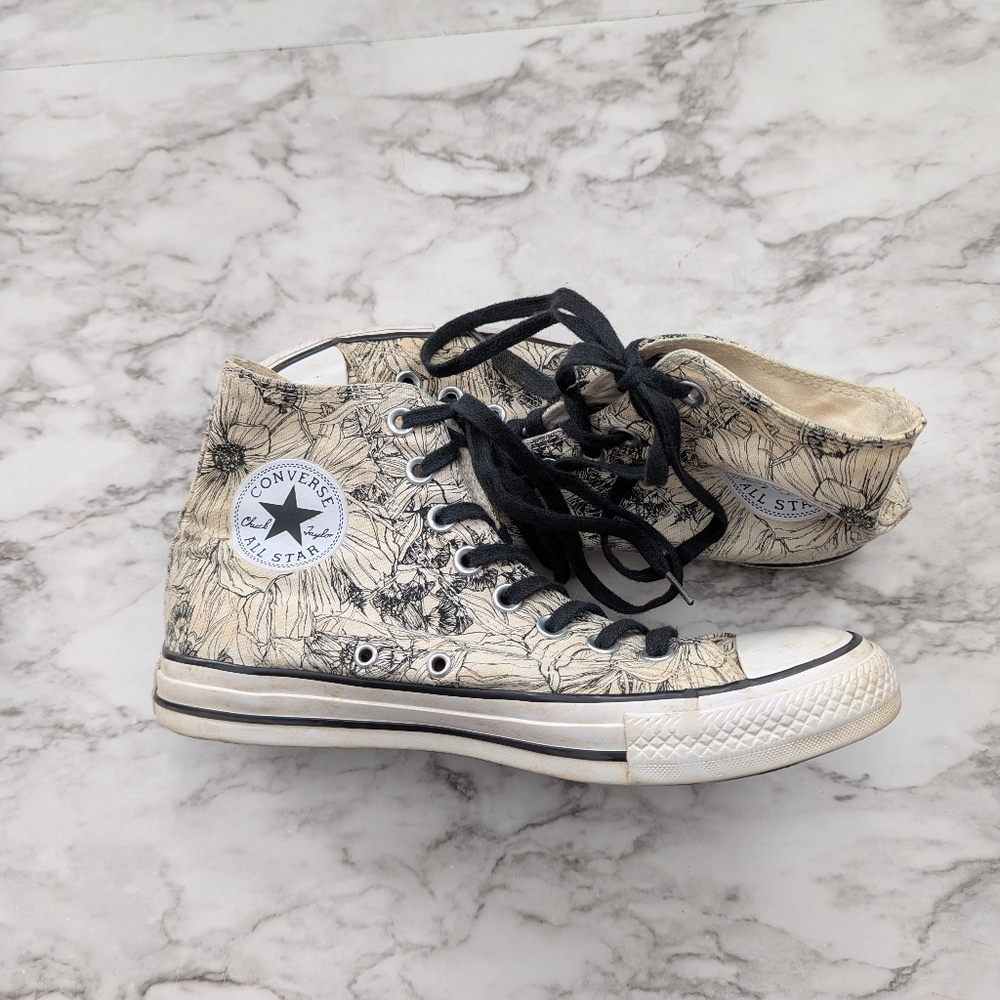 Converse High Top Sneakers - Cream with Black Sketch Floral